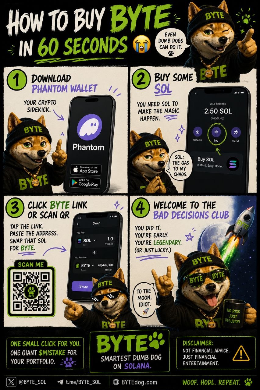 Comic strip: how to buy BYTE in 60 seconds using Phantom wallet and SOL