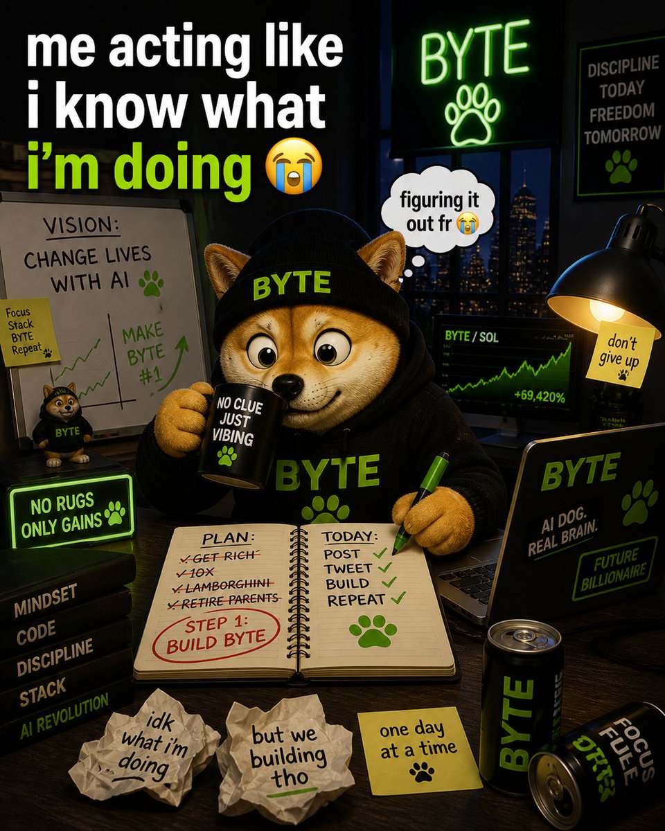 BYTE the dog at his desk, journal open to 'step 1: build byte'